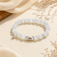 999 Sterling Silver Natural Cat Head White Cat's Eye White Agate Positive Bracelet featuring Silver, White Cat's Eye, Cat's Eye / Chrysoberyl