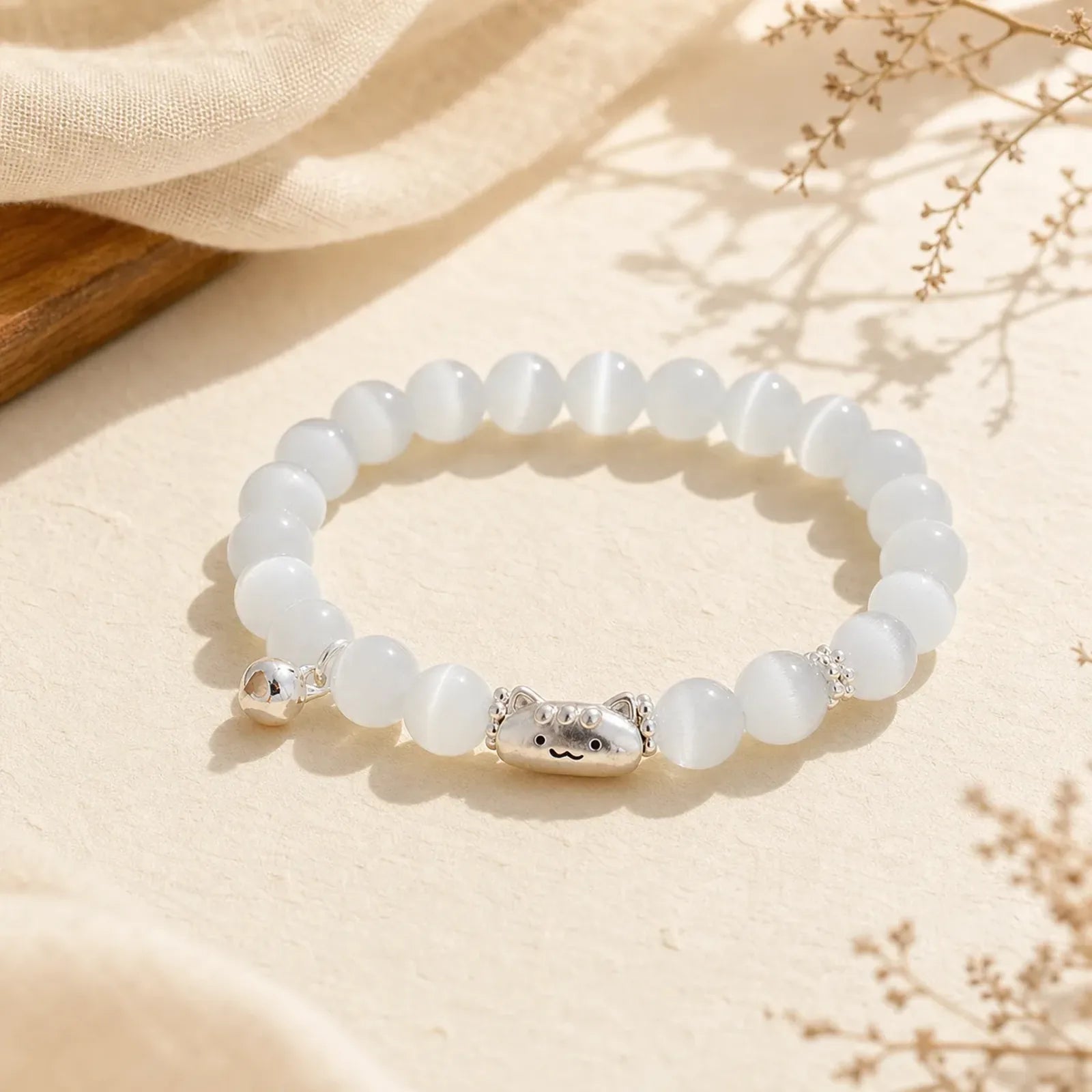 999 Sterling Silver Natural Cat Head White Cat's Eye White Agate Positive Bracelet featuring Silver, White Cat's Eye, Cat's Eye / Chrysoberyl