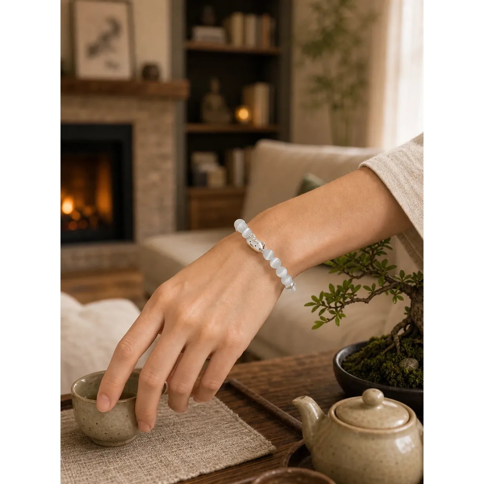 999 Sterling Silver Natural Cat Head White Cat's Eye White Agate Positive Bracelet featuring Silver, White Cat's Eye, Cat's Eye / Chrysoberyl