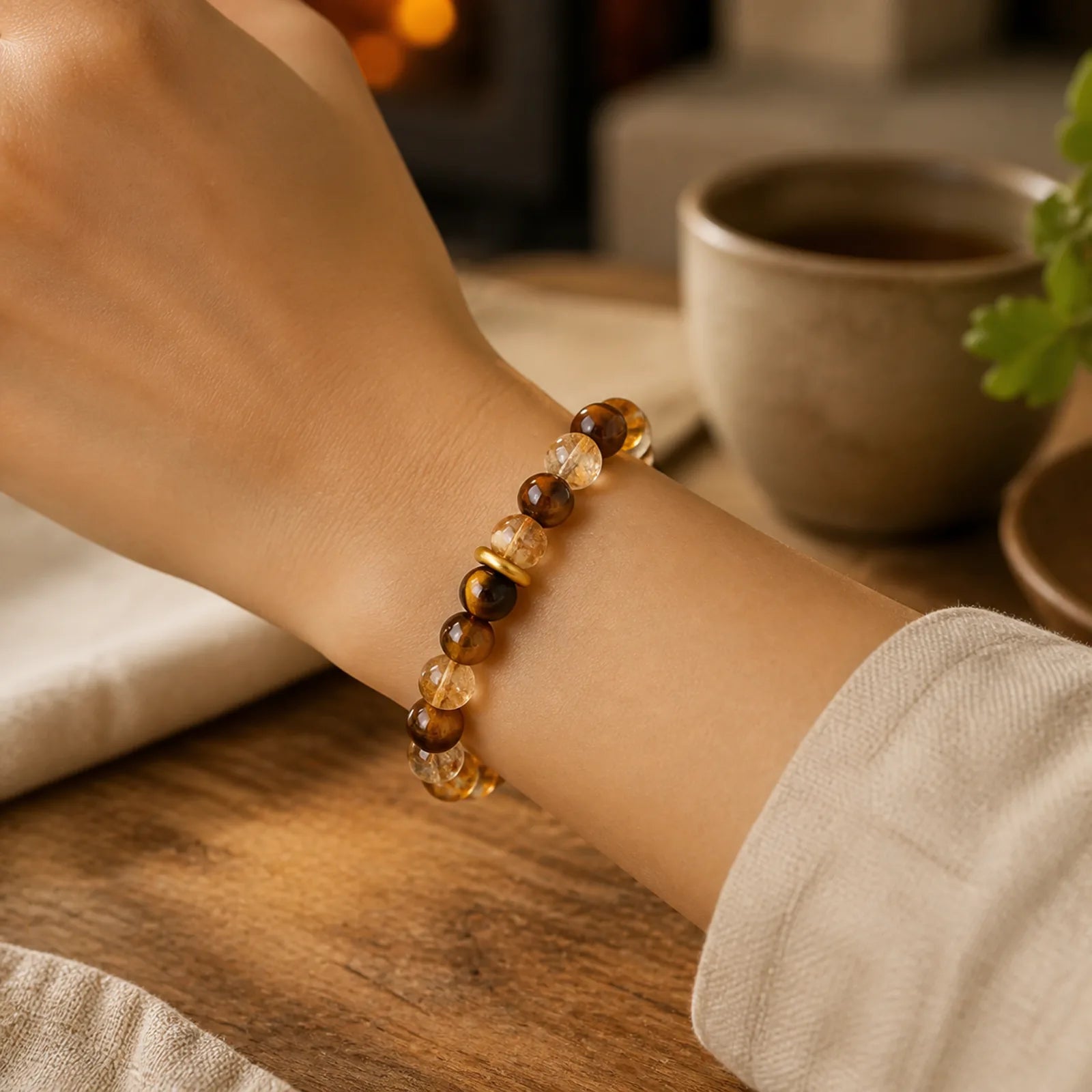 999 Sterling Silver Natural Citrine Tiger Eye Peace Buckle Protection Bracelet featuring Silver, Citrine, Tiger Eye