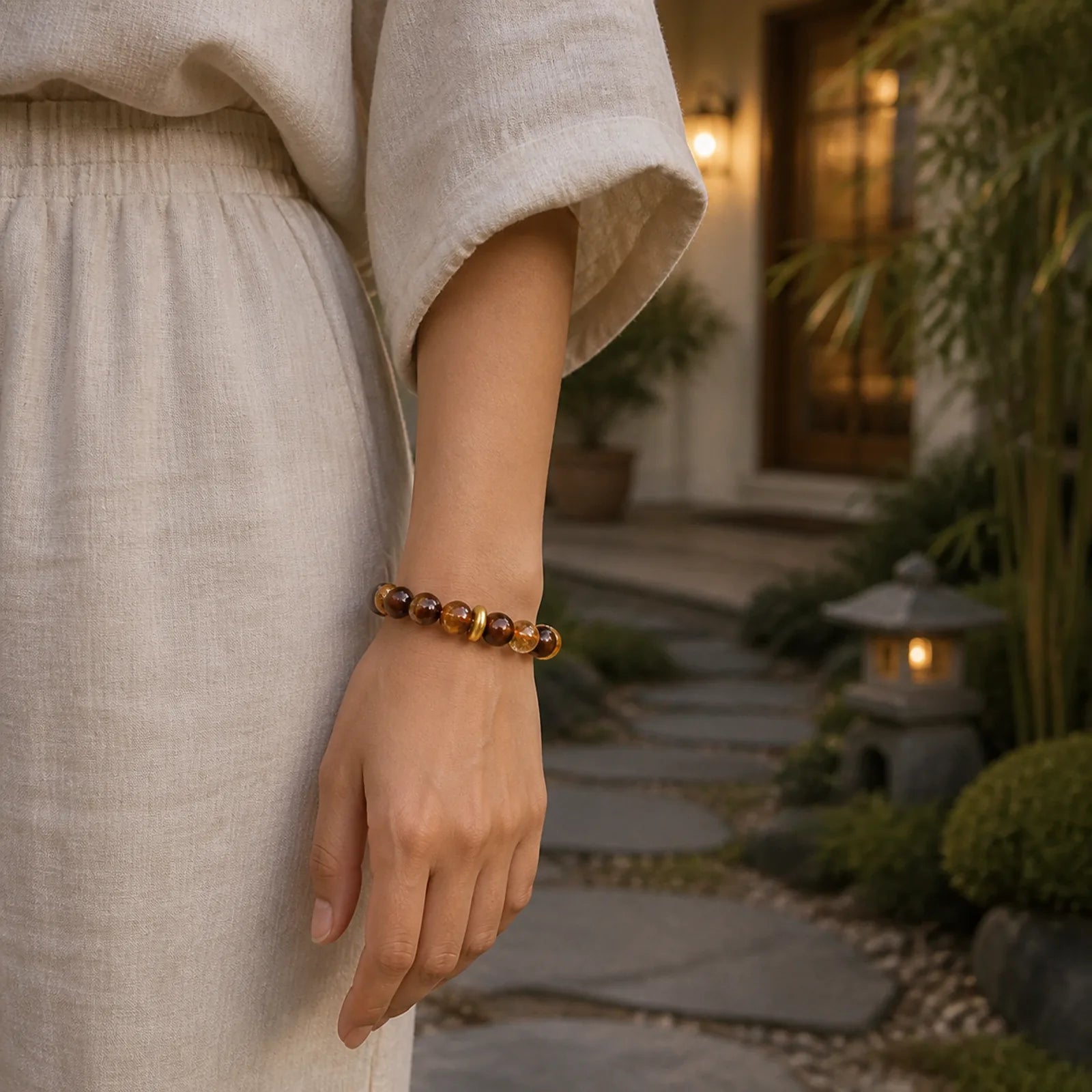 999 Sterling Silver Natural Citrine Tiger Eye Peace Buckle Protection Bracelet featuring Silver, Citrine, Tiger Eye