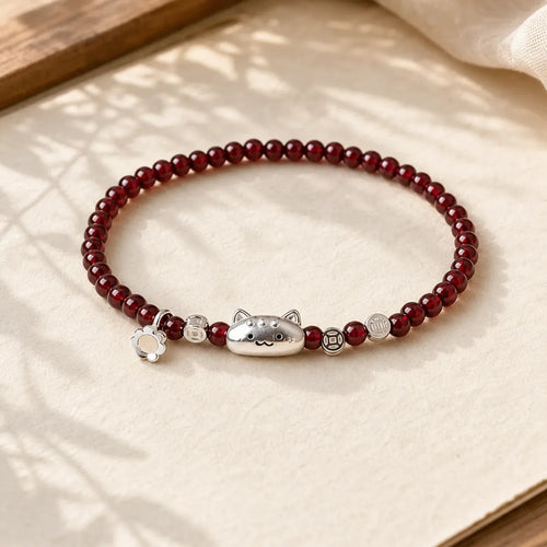 999 Sterling Silver Natural Cute Cat Head Garnet Protection Bead Bracelet featuring Silver, Garnet