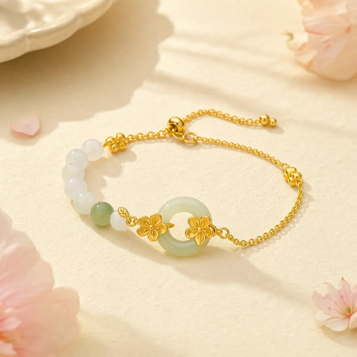 999 Sterling Silver Natural Hetian Jade Peace Buckle Peach Blossom Luck Bracelet featuring Silver, Jade, Peace Buckle