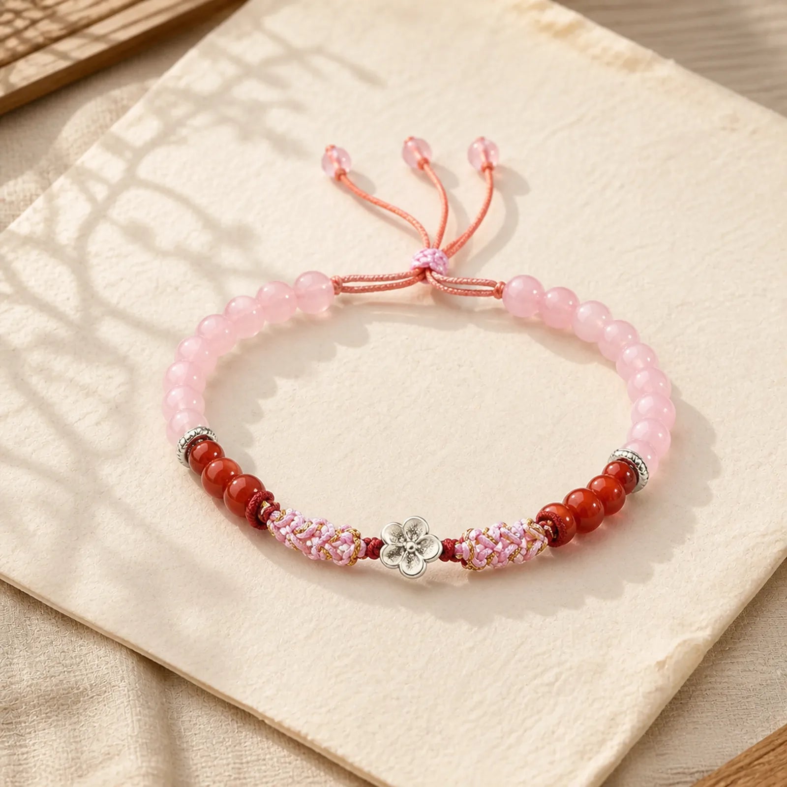 999 Sterling Silver Natural Red Agate Pink Crystal Cherry blossom Bracelet featuring Silver, Red Agate, Pink Crystal