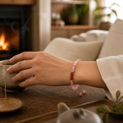 999 Sterling Silver Natural Red Agate Pink Crystal Cherry blossom Bracelet featuring Silver, Red Agate, Pink Crystal