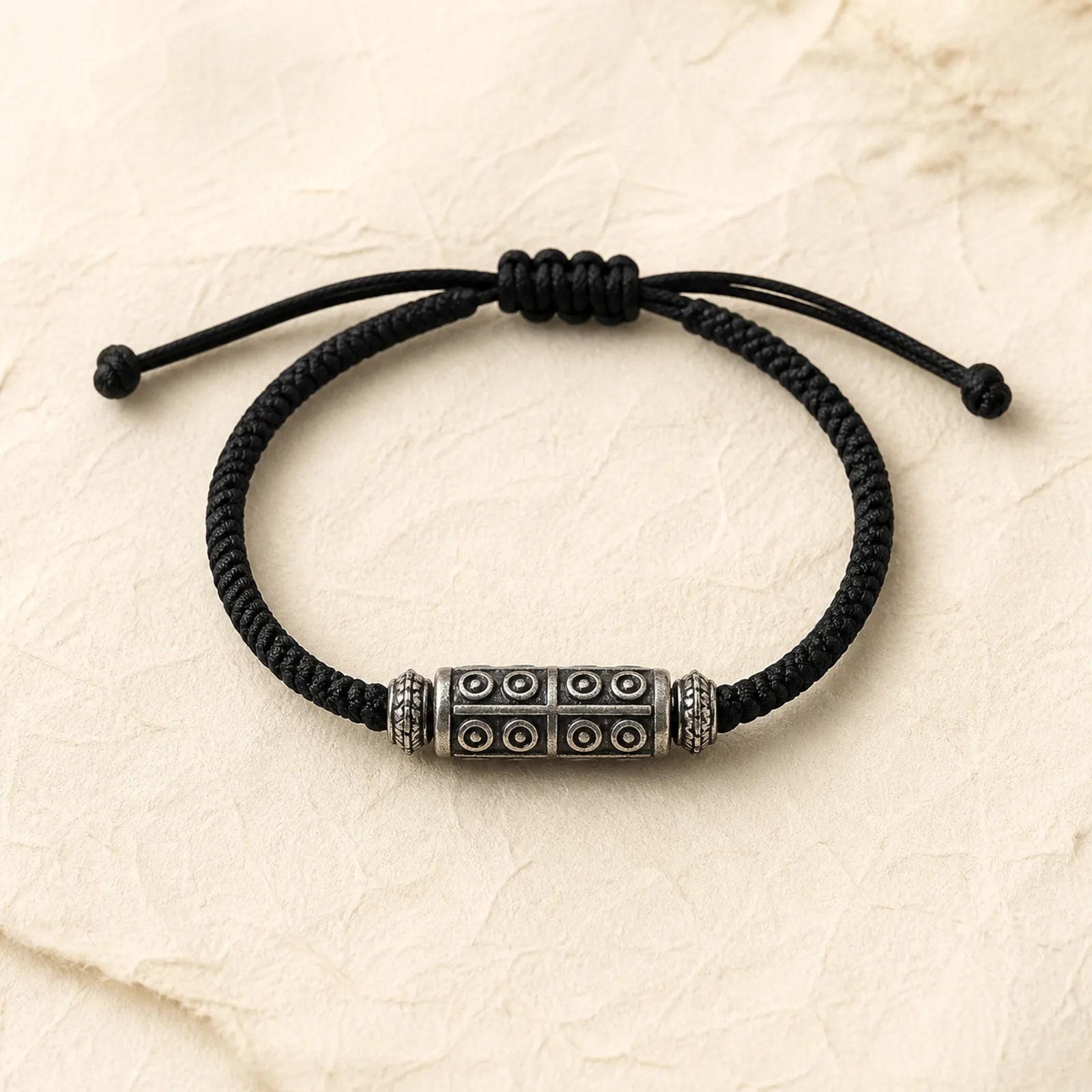 999 Sterling Silver Nine-Eye Dzi Bead Pattern Blessing Rope Bracelet featuring Silver, Nine-Eye Dzi Bead, Dzi Bead