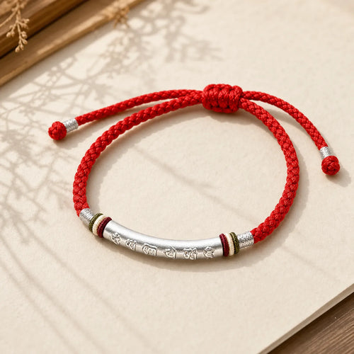 999 Sterling Silver Om Mani Padme Hum Protection Strength String Bracelet featuring Silver, Om Mani Padme Hum, Om