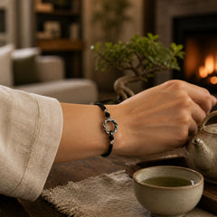 999 Sterling Silver Peace Buckle Black Wax Rope Protection Bracelet featuring Silver, Peace Buckle, Copper