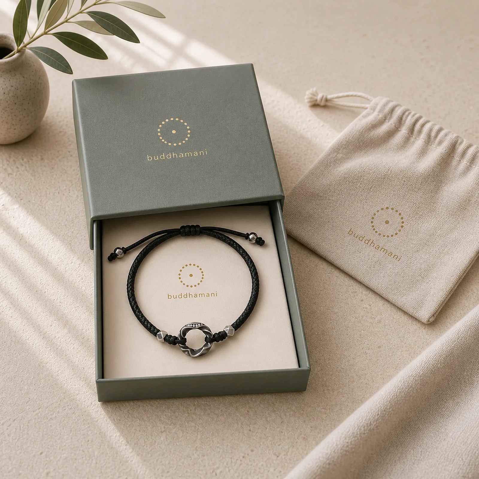 999 Sterling Silver Peace Buckle Black Wax Rope Protection Bracelet featuring Silver, Peace Buckle, Copper