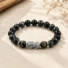 999 Sterling Silver PiXiu Natural Black Obsidian Strength Bracelet featuring Silver, Pixiu, Black Obsidian