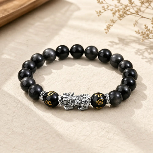 999 Sterling Silver PiXiu Natural Black Obsidian Strength Bracelet featuring Silver, Pixiu, Black Obsidian