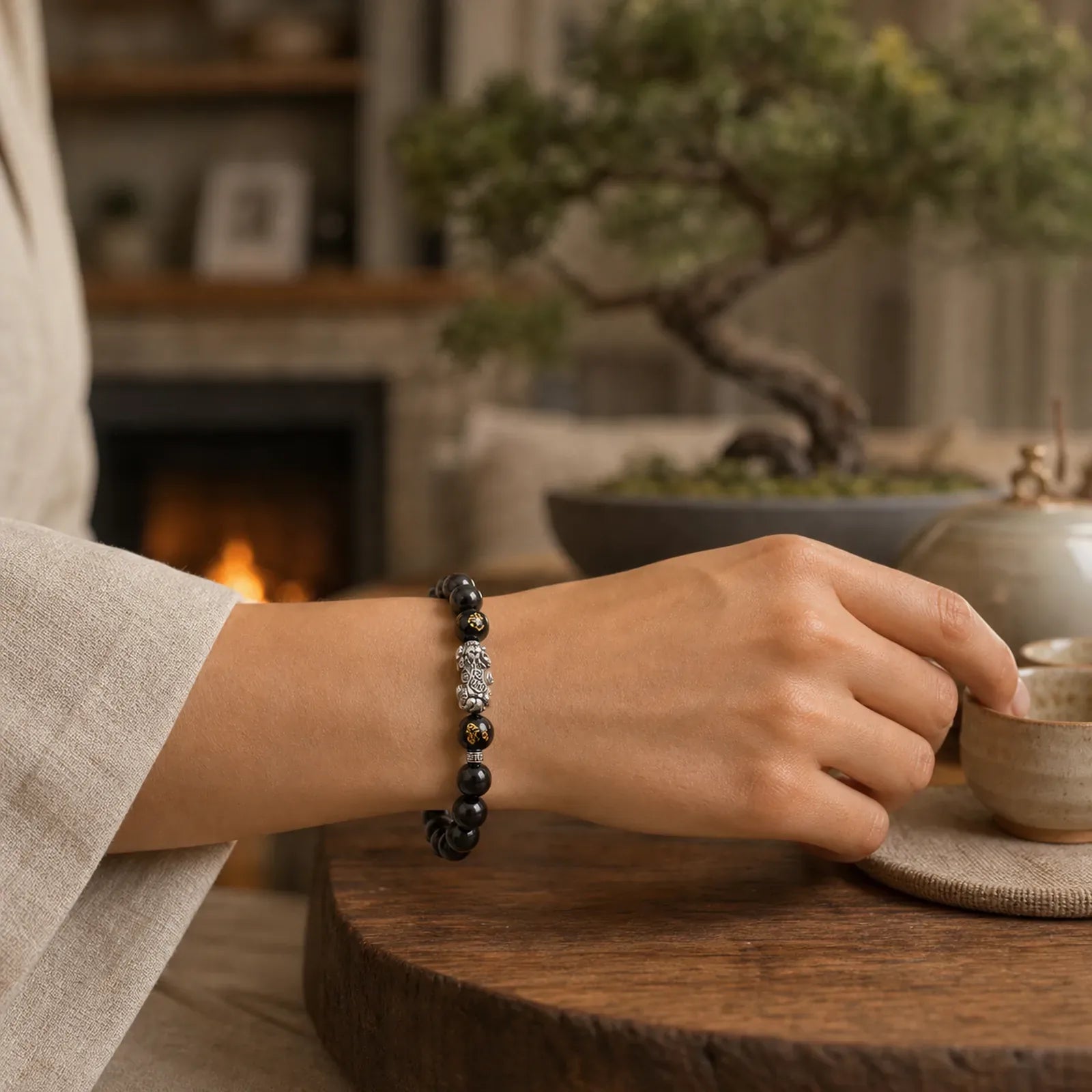 999 Sterling Silver PiXiu Natural Black Obsidian Strength Bracelet featuring Silver, Pixiu, Black Obsidian
