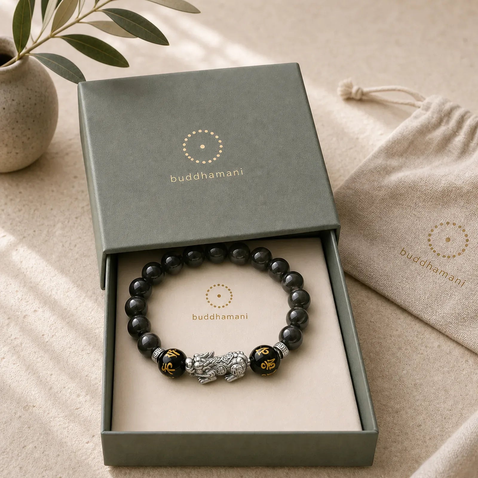 999 Sterling Silver PiXiu Natural Black Obsidian Strength Bracelet featuring Silver, Pixiu, Black Obsidian