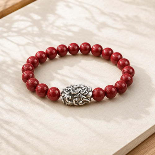 999 Sterling Silver PiXiu Natural Cinnabar Wealth Luck Bracelet (Extra 30% Off | USE CODE: FS30) featuring Silver, Pixiu, Cinnabar