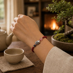 999 Sterling Silver PiXiu Strawberry Quartz Bead Wealth Luck Braided Bracelet featuring Silver, Pixiu, Strawberry Quartz