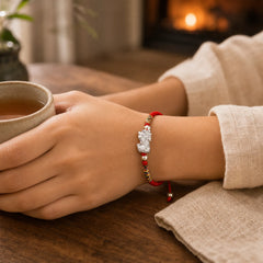 999 Sterling Silver PiXiu Wealth King Kong Knot String Braided Kids Child Bracelet featuring Silver, Pixiu, Red String