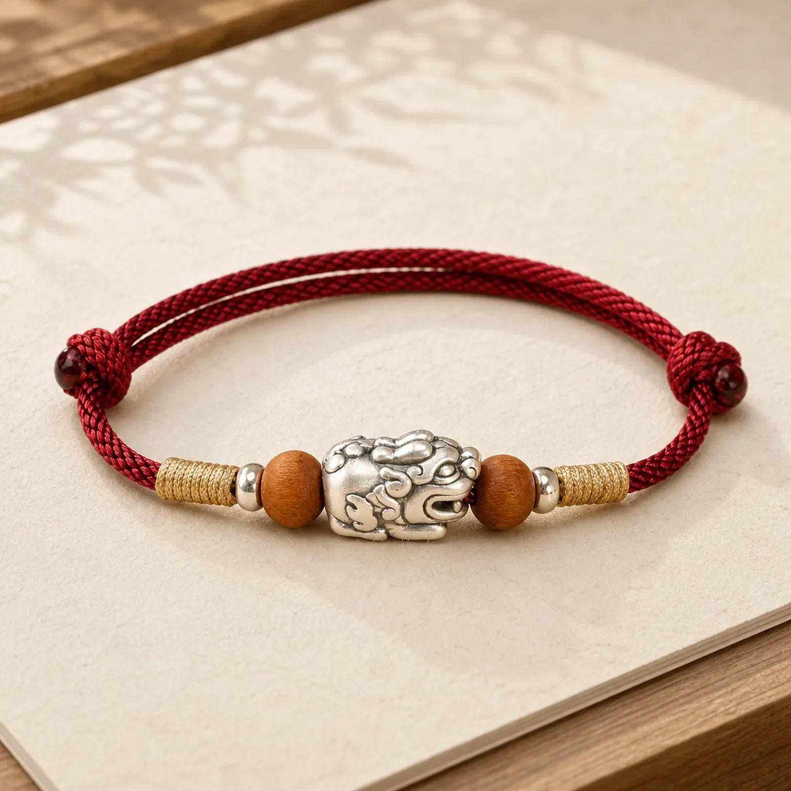 999 Sterling Silver Pixiu Charm Peach Wood Bead Handmade String Braided Luck Bracelet Anklet featuring Silver, Pixiu, Peach Wood
