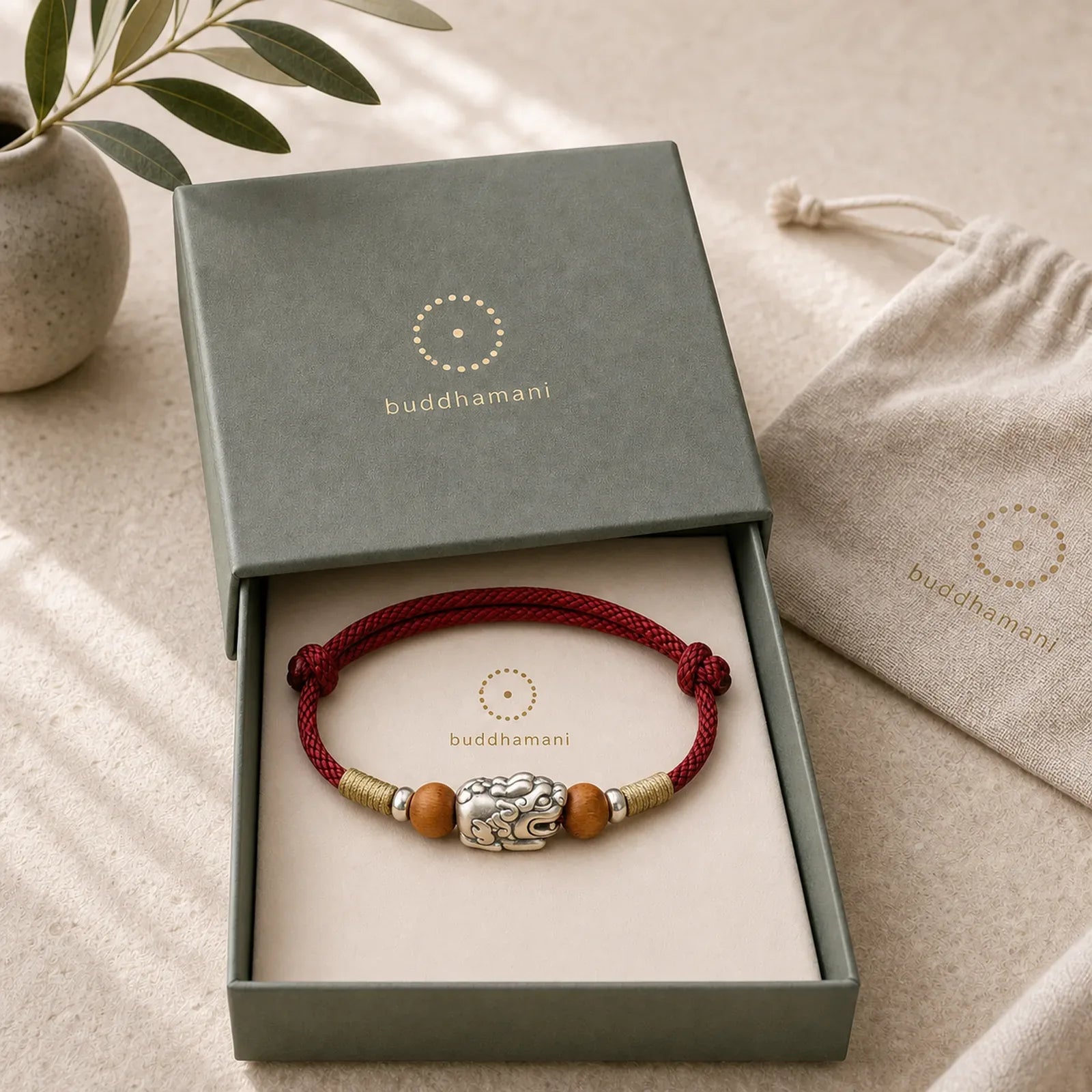 999 Sterling Silver Pixiu Charm Peach Wood Bead Handmade String Braided Luck Bracelet Anklet featuring Silver, Pixiu, Peach Wood