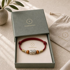 999 Sterling Silver Pixiu Charm Peach Wood Bead Handmade String Braided Luck Bracelet Anklet featuring Silver, Pixiu, Peach Wood