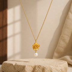 999 Sterling Silver Plated Gold Camellia Pearl Healing Necklace Pendant featuring Silver, Pearl