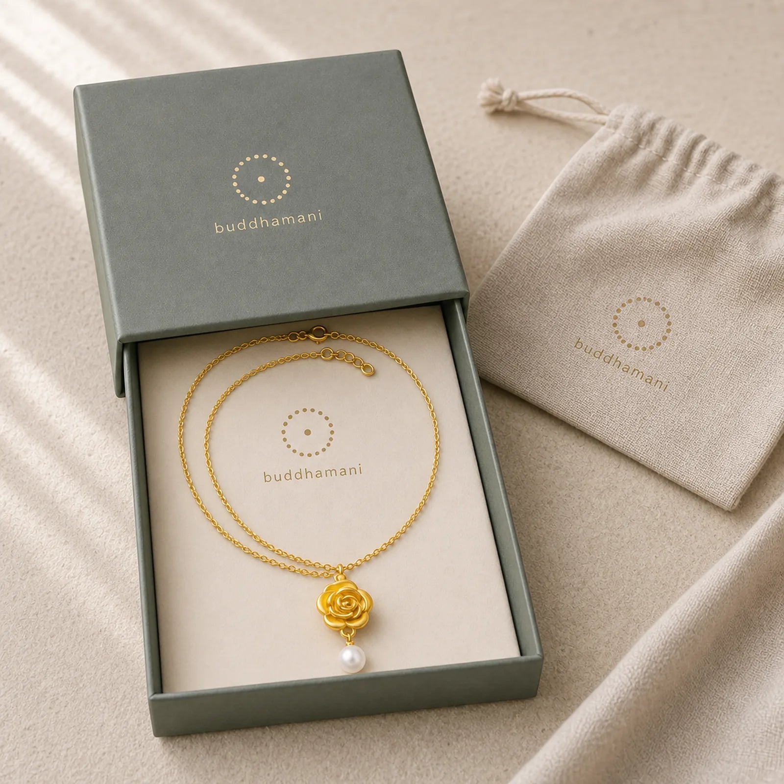 999 Sterling Silver Plated Gold Camellia Pearl Healing Necklace Pendant featuring Silver, Pearl