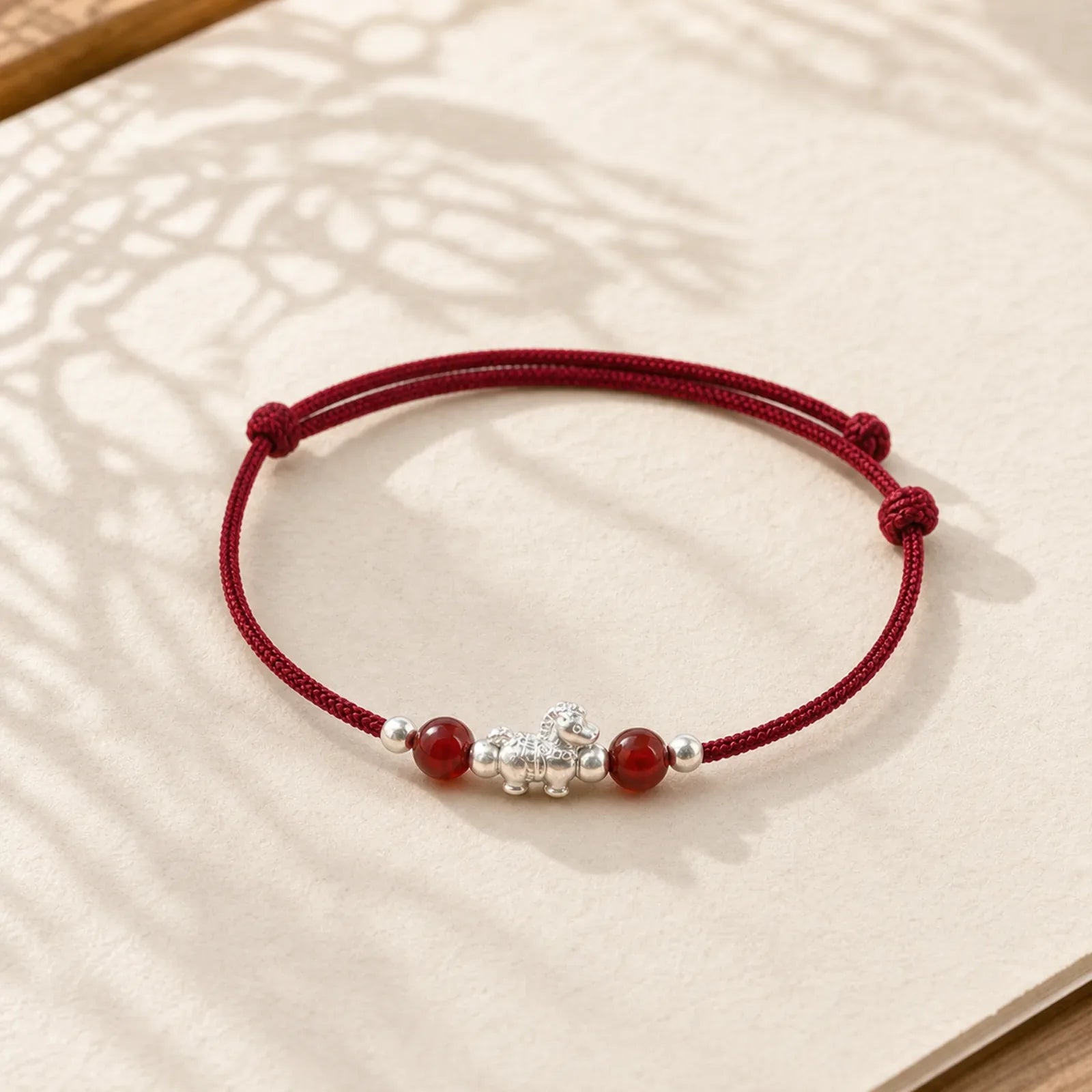 999 Sterling Silver Red Agate Year Of The Horse Prosperity String Bracelet featuring Silver, Red Agate, Horse