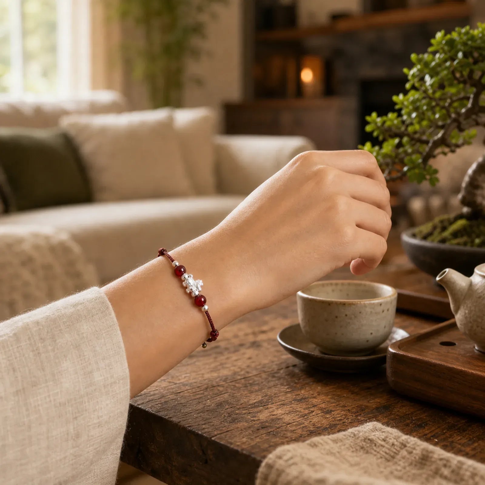 999 Sterling Silver Red Agate Year Of The Horse Prosperity String Bracelet featuring Silver, Red Agate, Horse