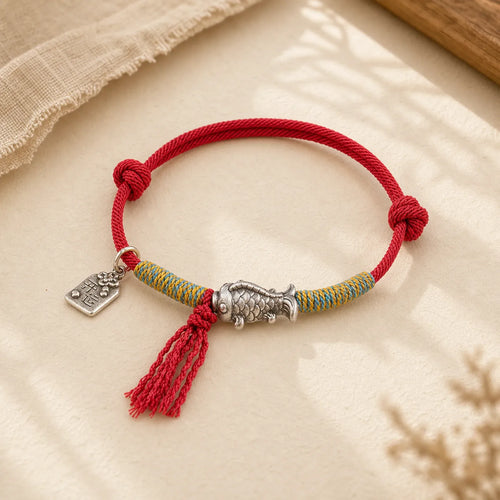 999 Sterling Silver Red String Lucky Koi Fish Protection Bracelet featuring Silver, Red String, Koi Fish