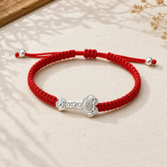 999 Sterling Silver Ruyi Fu Character Luck Red String Connection Braided Bracelet featuring Silver, Fu Character, Red String