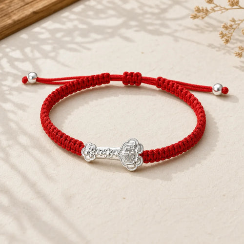 999 Sterling Silver Ruyi Fu Character Luck Red String Connection Braided Bracelet featuring Silver, Fu Character, Red String