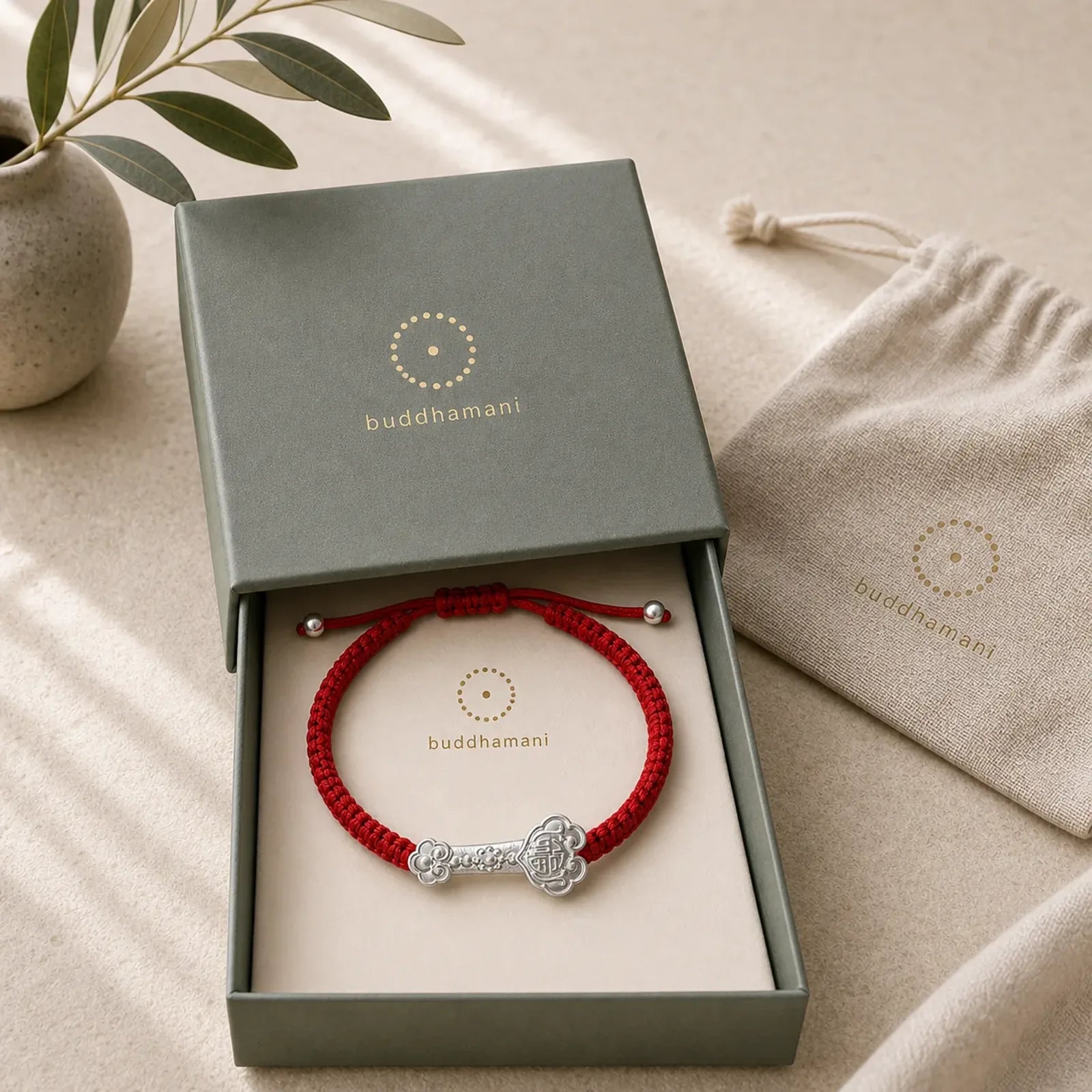 999 Sterling Silver Ruyi Fu Character Luck Red String Connection Braided Bracelet featuring Silver, Fu Character, Red String