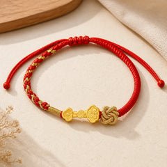 999 Sterling Silver Ruyi Handle Fu Character Fortune Luck Rope Bracelet featuring Silver, Fu Character, Red String