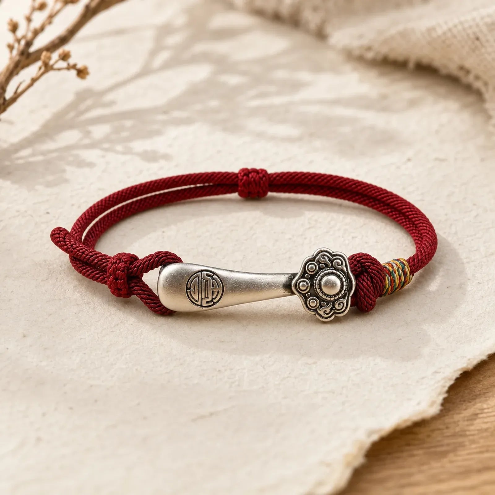 999 Sterling Silver Ruyi Stick String Protection Braided Bracelet featuring Silver, Red String