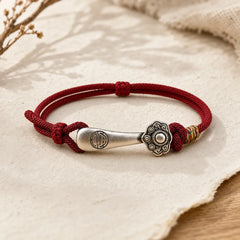 999 Sterling Silver Ruyi Stick String Protection Braided Bracelet featuring Silver, Red String