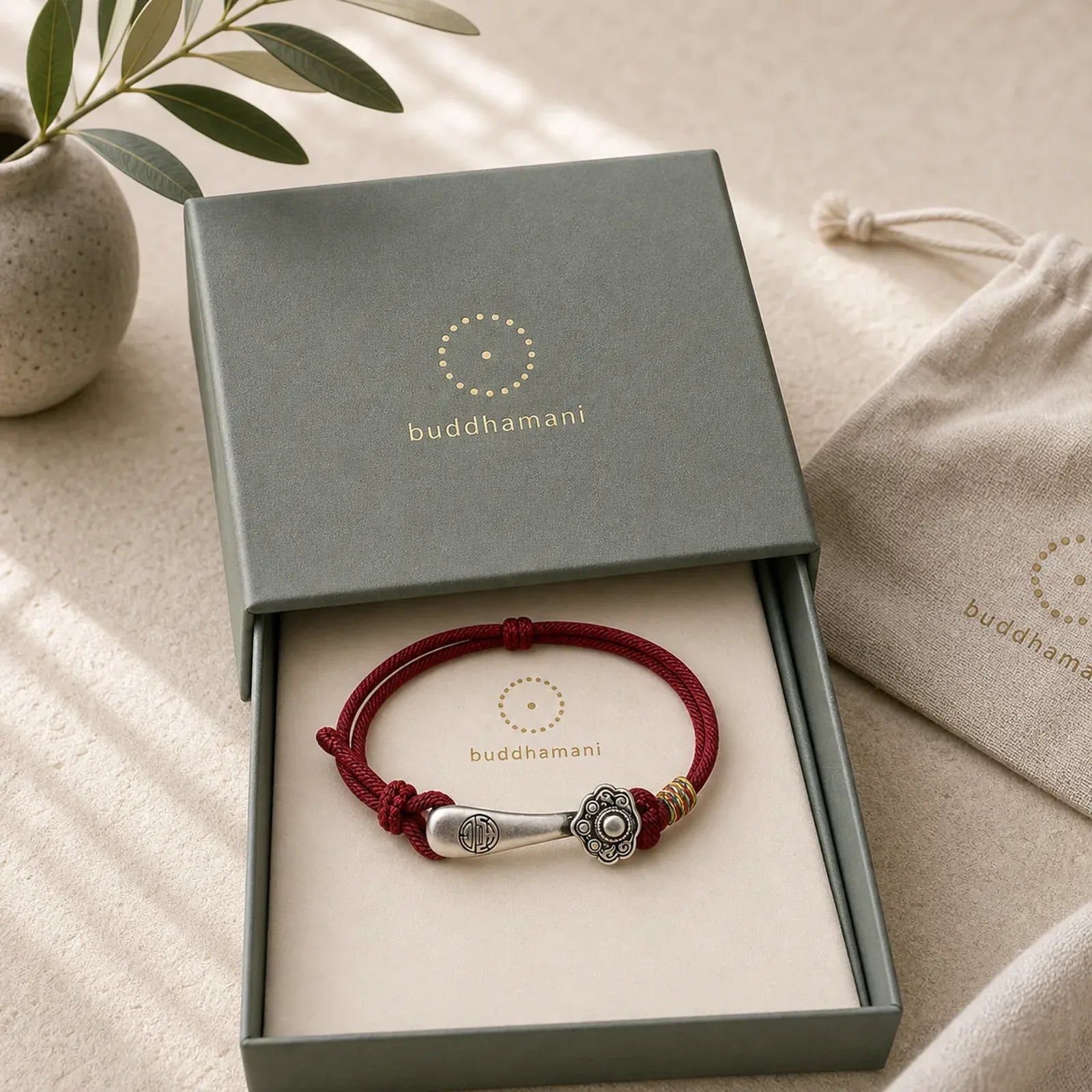 999 Sterling Silver Ruyi Stick String Protection Braided Bracelet featuring Silver, Red String