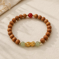 999 Sterling Silver Sandalwood Ebony Wood Small Leaf Red Sandalwood Hetian Jade Cinnabar PiXiu Wealth Bracelet featuring Silver, Sandalwood, Ebony Wood