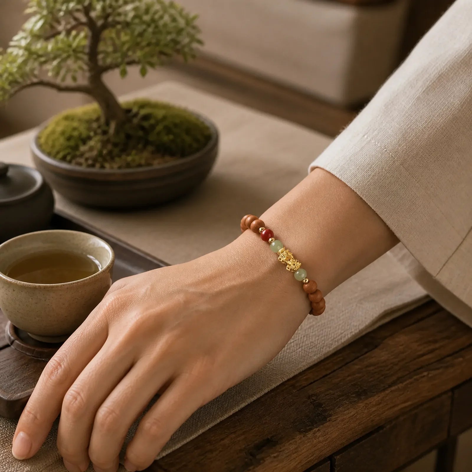 999 Sterling Silver Sandalwood Ebony Wood Small Leaf Red Sandalwood Hetian Jade Cinnabar PiXiu Wealth Bracelet featuring Silver, Sandalwood, Ebony Wood
