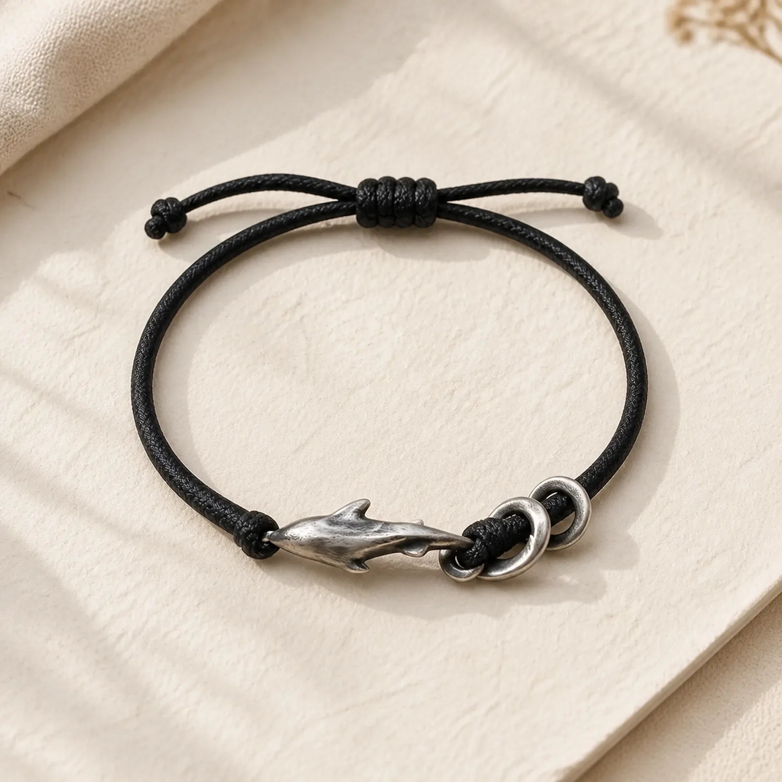 999 Sterling Silver Shark Black Wax Rope Protection Bracelet featuring Silver
