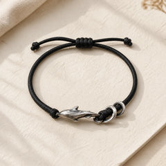 999 Sterling Silver Shark Black Wax Rope Protection Bracelet featuring Silver