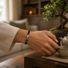 999 Sterling Silver Shark Black Wax Rope Protection Bracelet featuring Silver