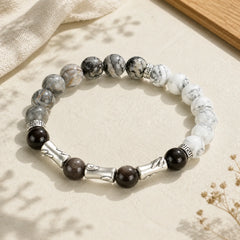 999 Sterling Silver White Turquoise And Silver Sheen Obsidian Bamboo Grounding Round Bracelet featuring Silver, White Turquoise, Turquoise