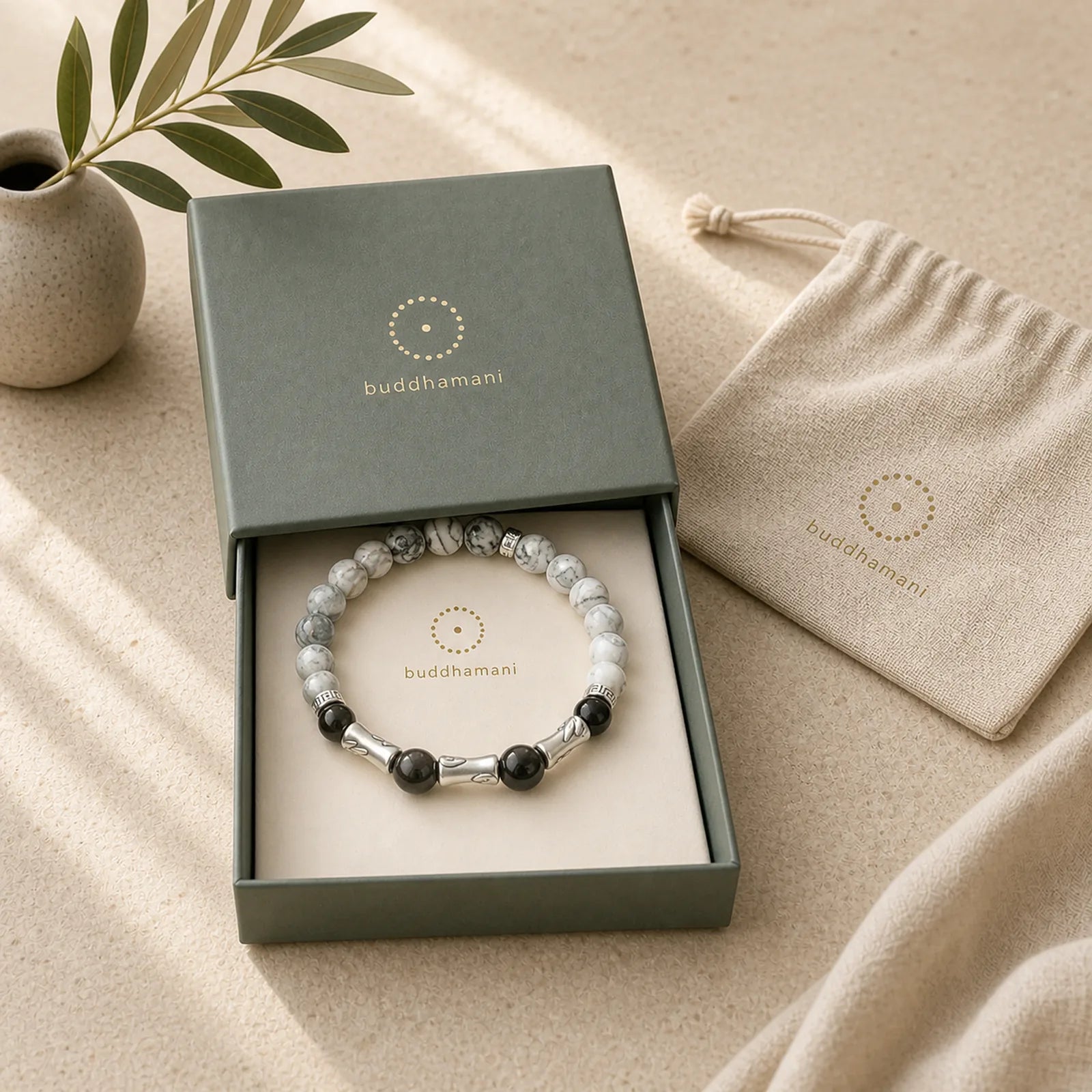 999 Sterling Silver White Turquoise And Silver Sheen Obsidian Bamboo Grounding Round Bracelet featuring Silver, White Turquoise, Turquoise