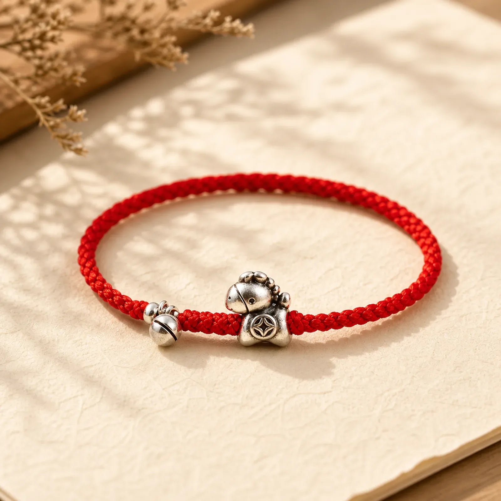 999 Sterling Silver Year Of The Horse 925 Sterling Silver Bell String Luck Child Adult Bracelet Anklet featuring Silver, Horse, Red String