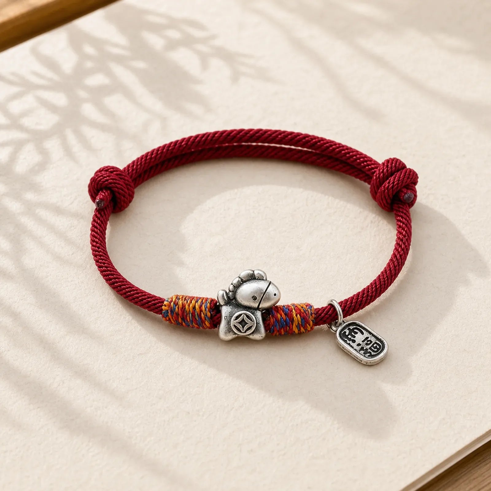 999 Sterling Silver Year Of The Horse Fu Character Attract Fortune String Rope Luck Bracelet featuring Silver, Horse, Fu Character