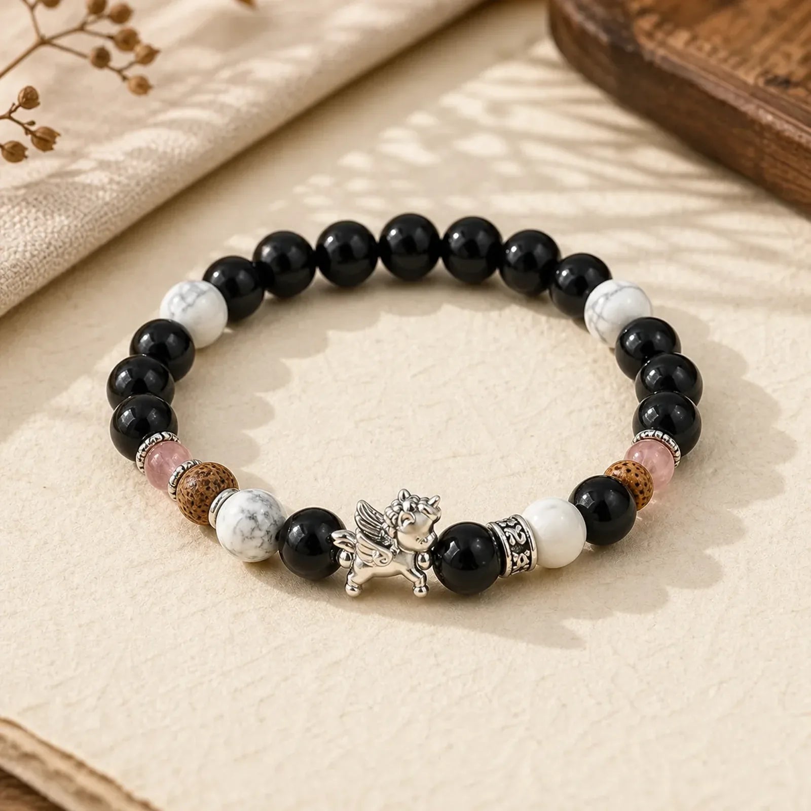 999 Sterling Silver Year Of The Horse Natural Black Obsidian Bodhi Seed Strength Bracelet featuring Silver, Horse, Black Obsidian