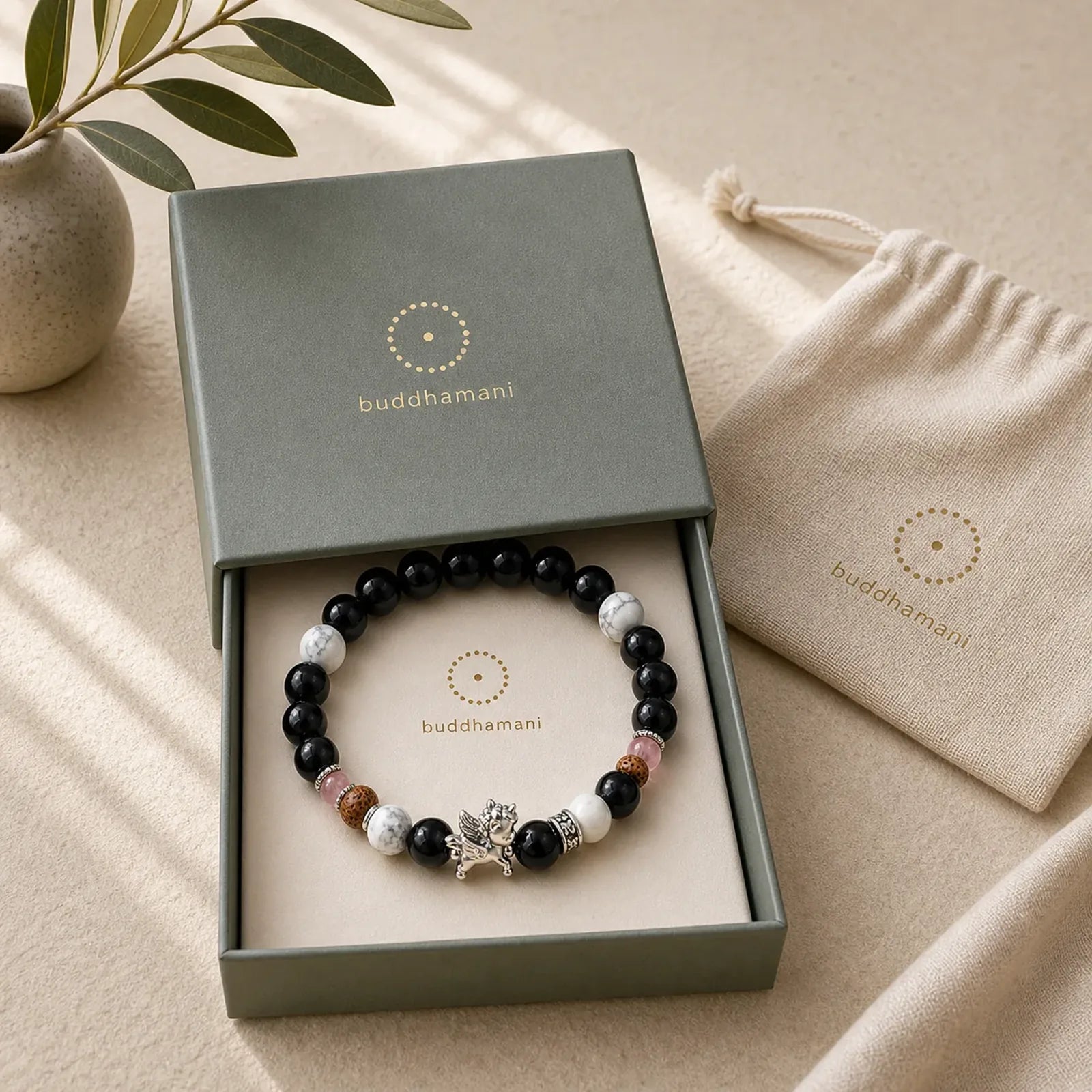 999 Sterling Silver Year Of The Horse Natural Black Obsidian Bodhi Seed Strength Bracelet featuring Silver, Horse, Black Obsidian