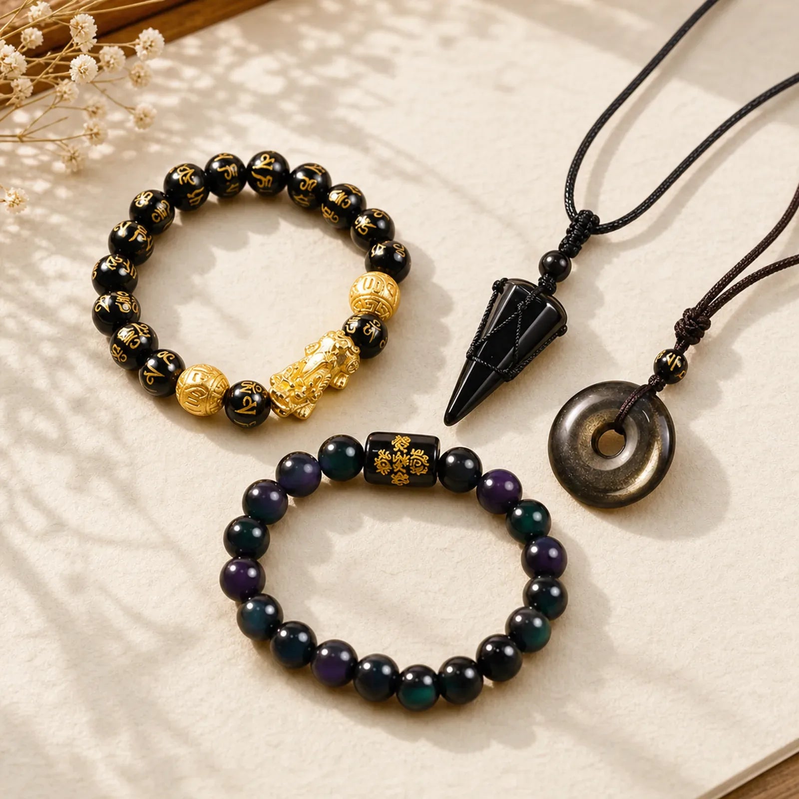 Absorbing Negative Energies Obsidian Bundle featuring Black Obsidian, Pixiu, Rainbow Obsidian