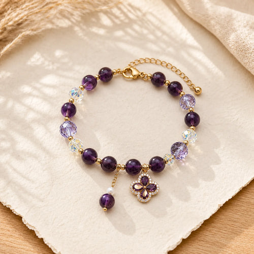 "All the best for Calm and Wisdom" Amethyst Flower Bracelet Includes Gift Message Card featuring Amethyst