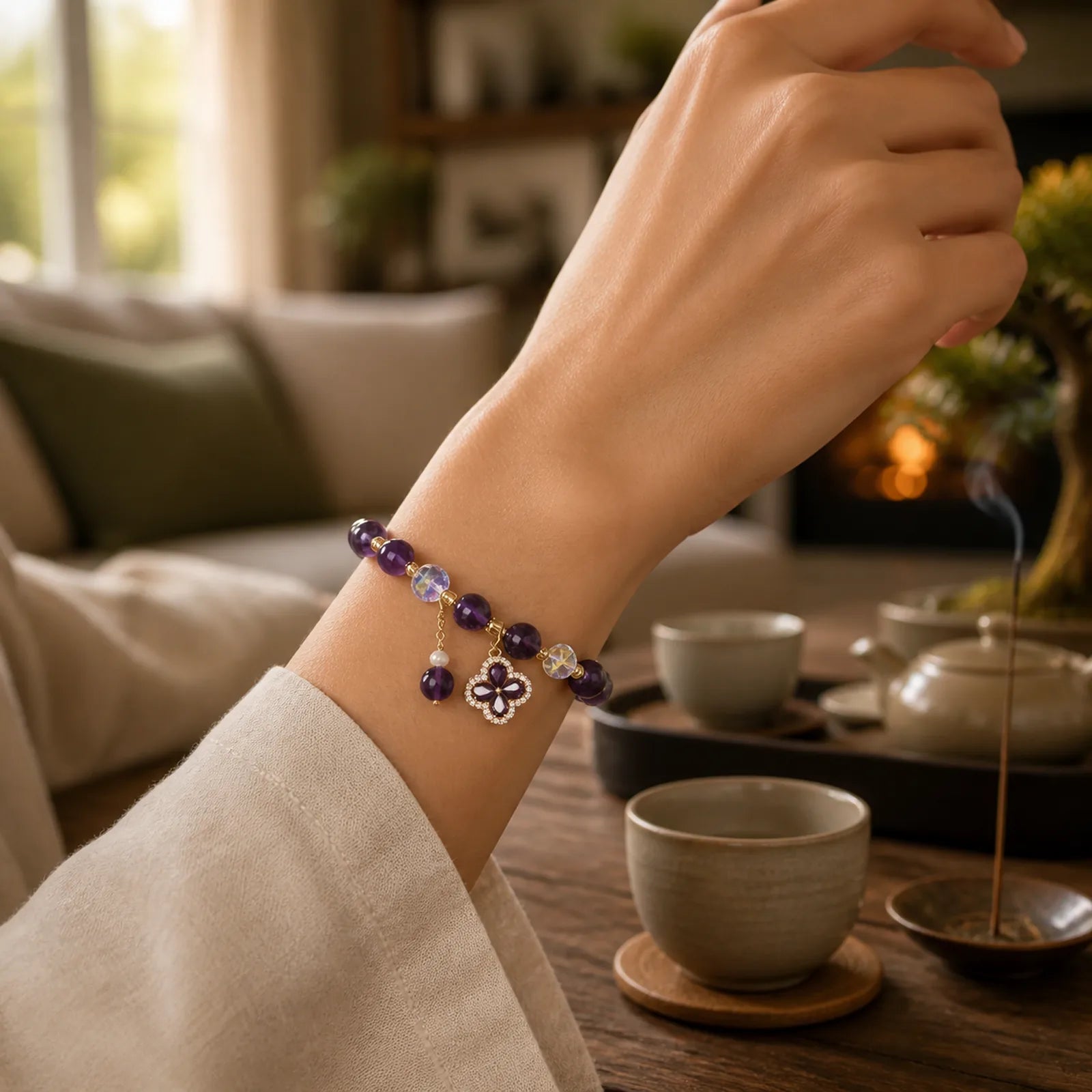 "All the best for Calm and Wisdom" Amethyst Flower Bracelet Includes Gift Message Card featuring Amethyst