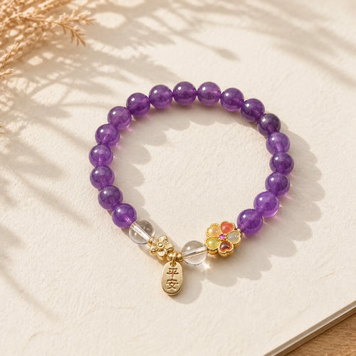 "All the best for Calm and Wisdom" Amethyst Safe Bracelet Includes Gift Message Card featuring Amethyst, Clear Quartz / White Crystal, Copper